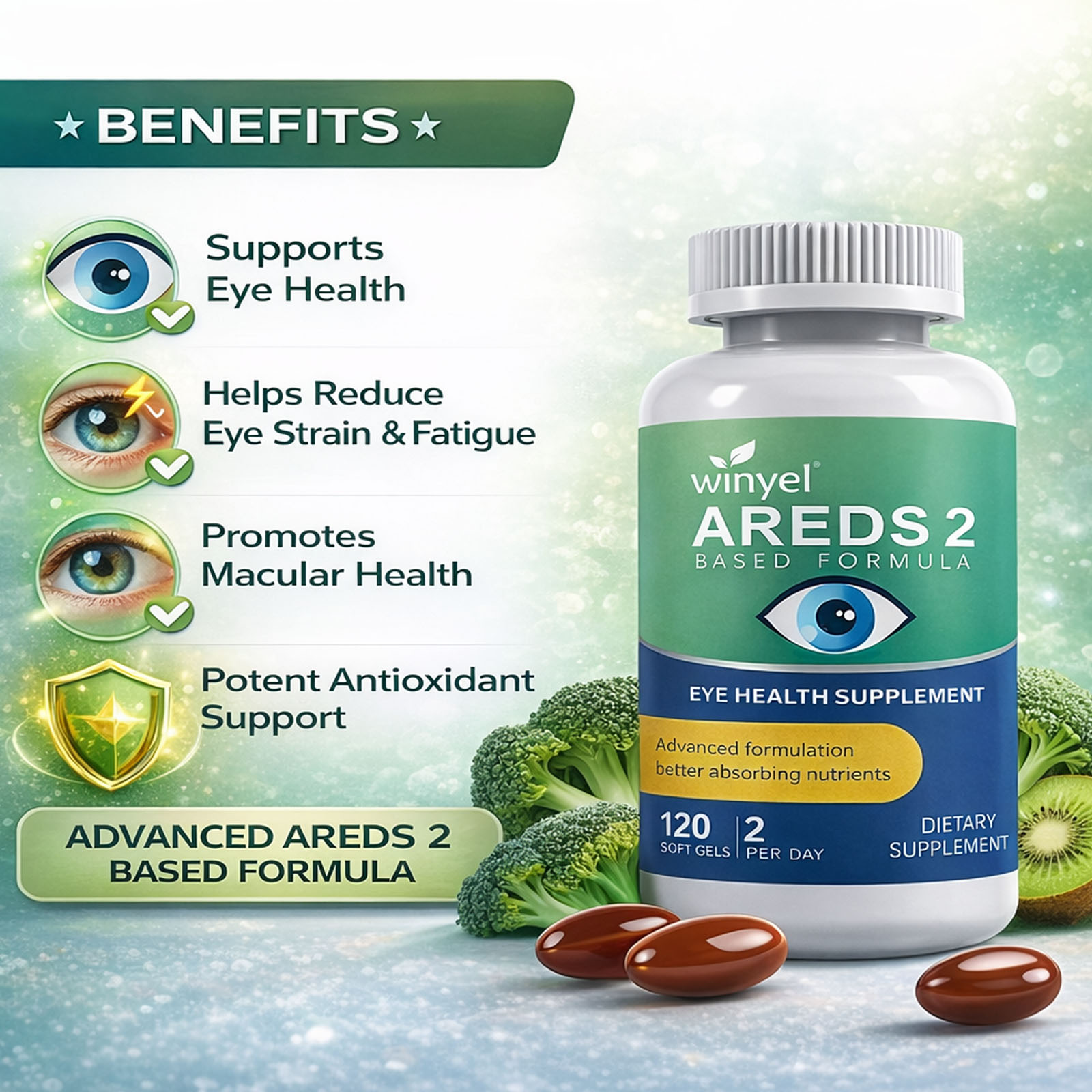 AREDS 2 Eye Vitamin And Mineral Supplement, Containing Lutein, Vitamin C, Zeaxanthin, Zinc, And Vitamin E, 120 Softgels.