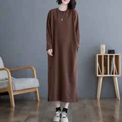 Women's Casual Solid Color Round Neck Dress, Loose Fit Long Sleeve Midi Dress With Slit And Pockets - Coffee - View 1