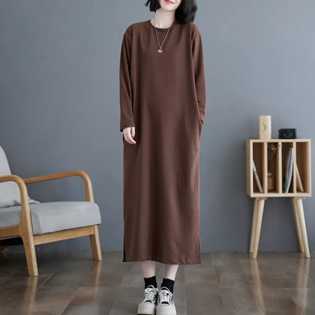 Women's Casual Solid Color Round Neck Dress, Loose Fit Long Sleeve Midi Dress With Slit And Pockets Coffee - Shop at LoveMi