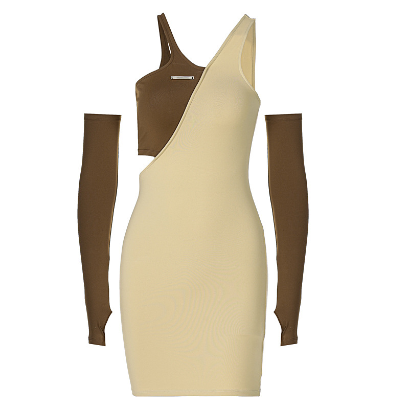 Early Autumn New Strapless V-neck Irregular Stitching Hollow Slim Fit Hip Dress Women