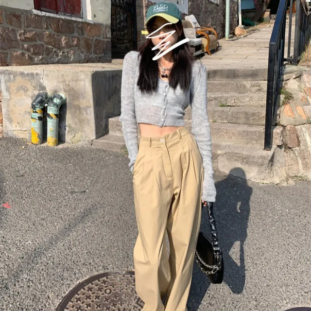 Women's Autumn Slim High waist Wide leg Pants Solid Color Khaki - Shop at LoveMi
