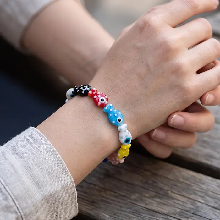 Colorful Evil Eye Fish Bracelet  Lucky Ceramic Beaded Charm Bracelet, Cute Protection Amulet Jewelry For Women & Teens