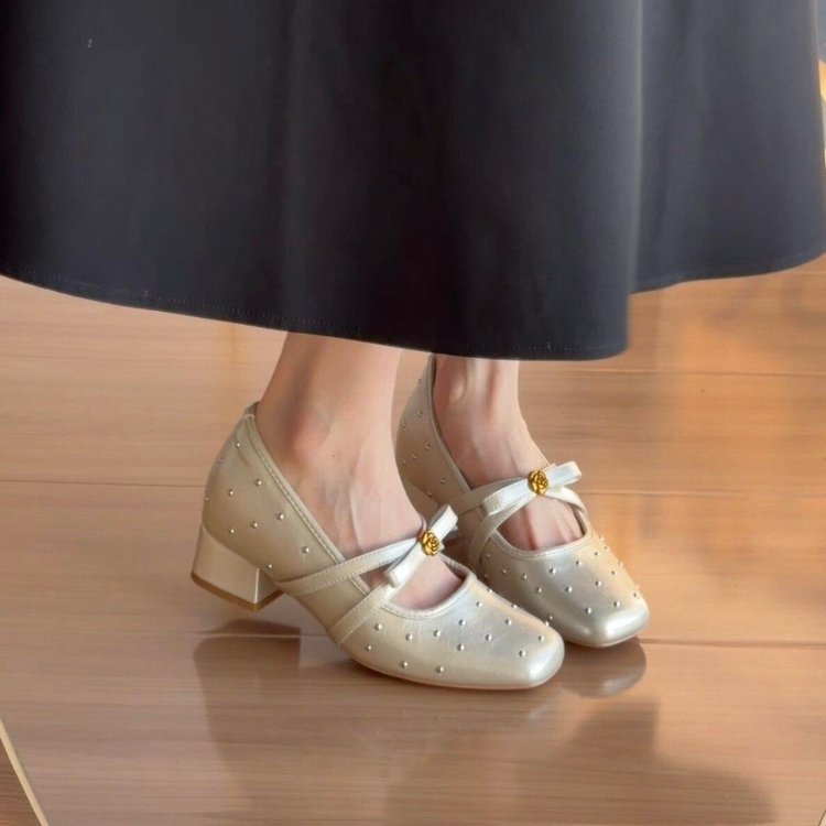 Camellia Cross Strap Flat Shoes For Women, New 2026 Rich Style Rhinestone Square Toe Mary Jane Shoes