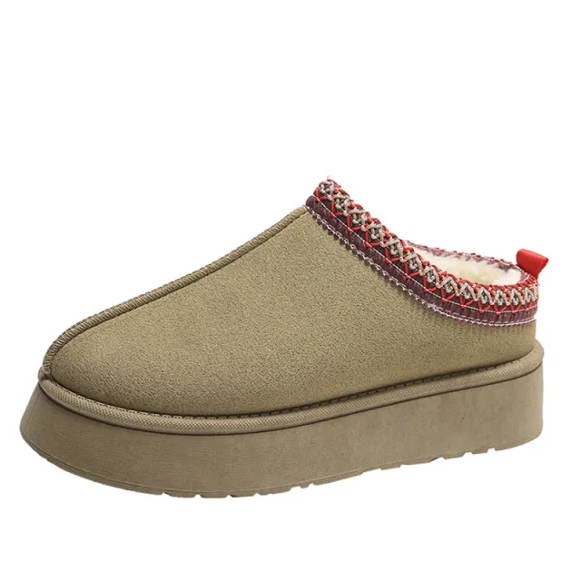 Baotou Plush Half Slippers Home Snow Boots Women's Fleece Warm Thick Bottom Cotton Shoes Ankle Flats Khaki - Shop at LoveMi