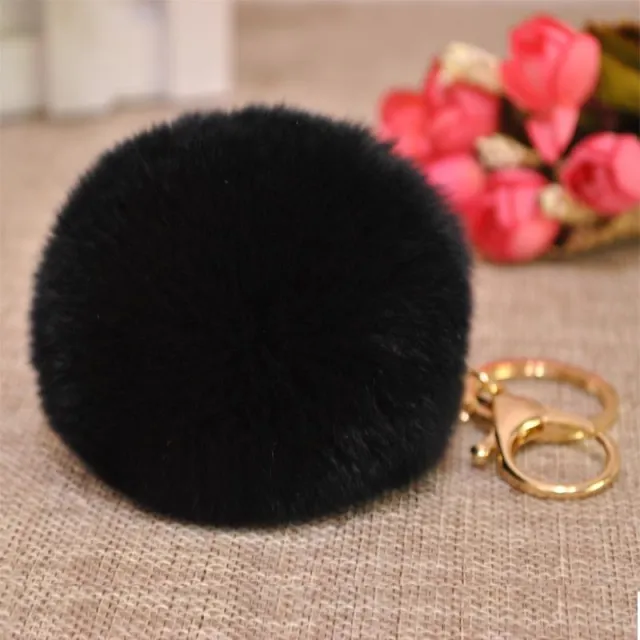 Cute Rex Rabbit Fur Ball Keychain Black - Shop at LoveMi