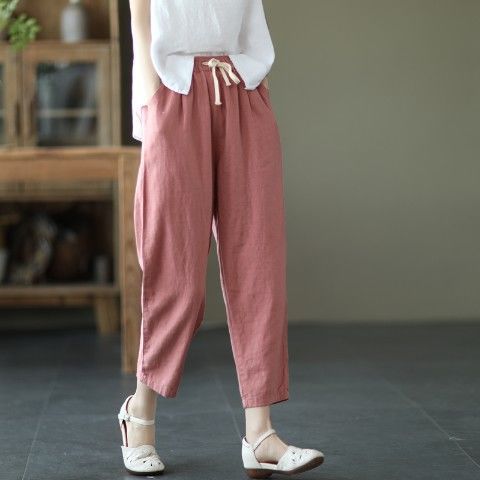 Cotton And Linen Retro Turnip Women's Harem Pants Pink - Shop at LoveMi