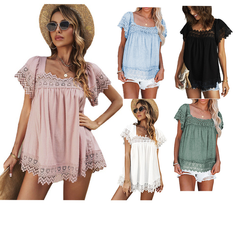 Casual Lace Shirt Ladies Loose Versatile U Neck Short Sleeve Top