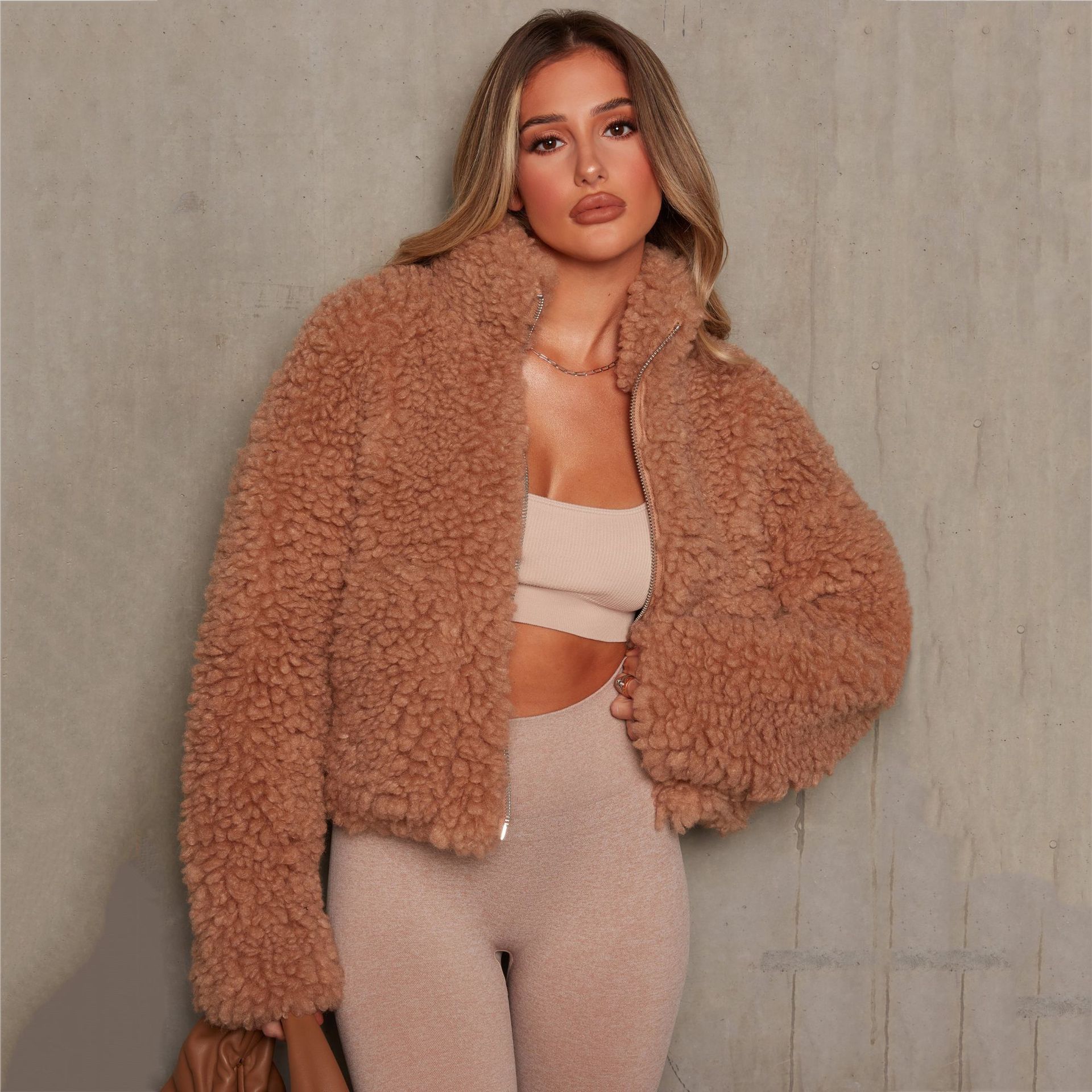 Fashion Plush Cardigan Short Jacket Women Lamb Wool Coat Camel - Shop at LoveMi