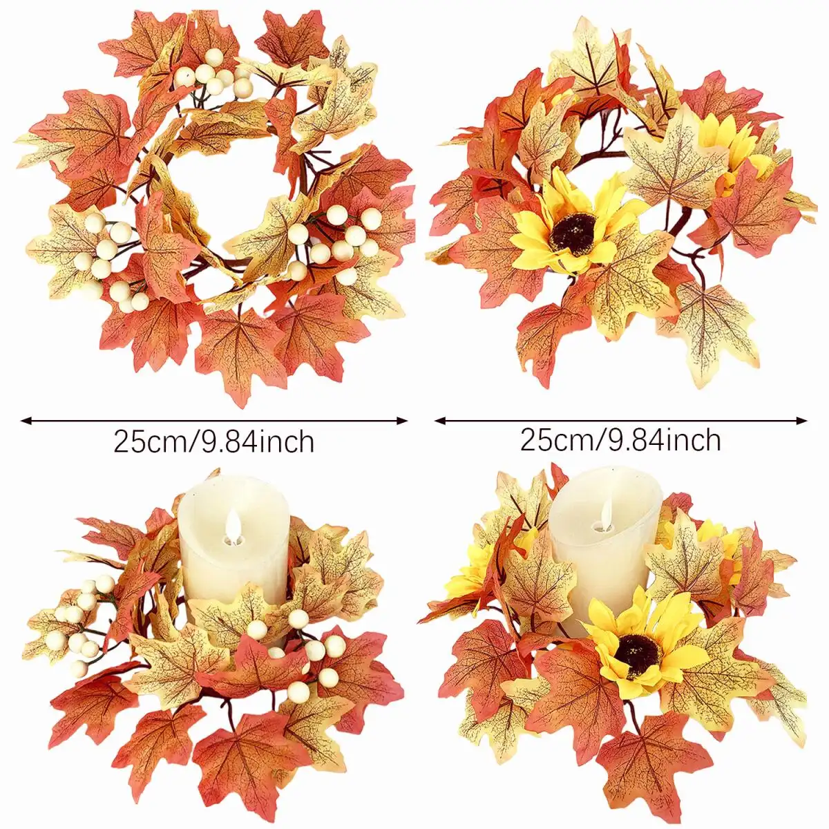 2 Pcs 9.8 Inch Fall Candle Rings Wreaths Candlestick Decorative Rattan Garland Maple Leaf Berries Sunflowers Candle Rings Autumn Wedding Parties Centerpieces