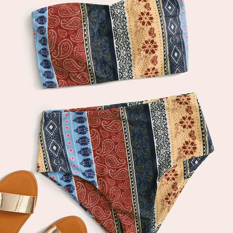 Women's Printed Bikini Split Tie High Waist Swimsuit - Blue