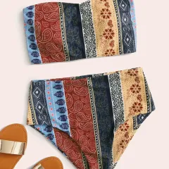 Women's Printed Bikini Split Tie High Waist Swimsuit - Blue - View 1
