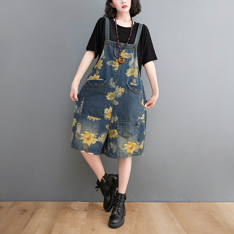 Women’s Summer Fashion Denim Suspender Print Shorts