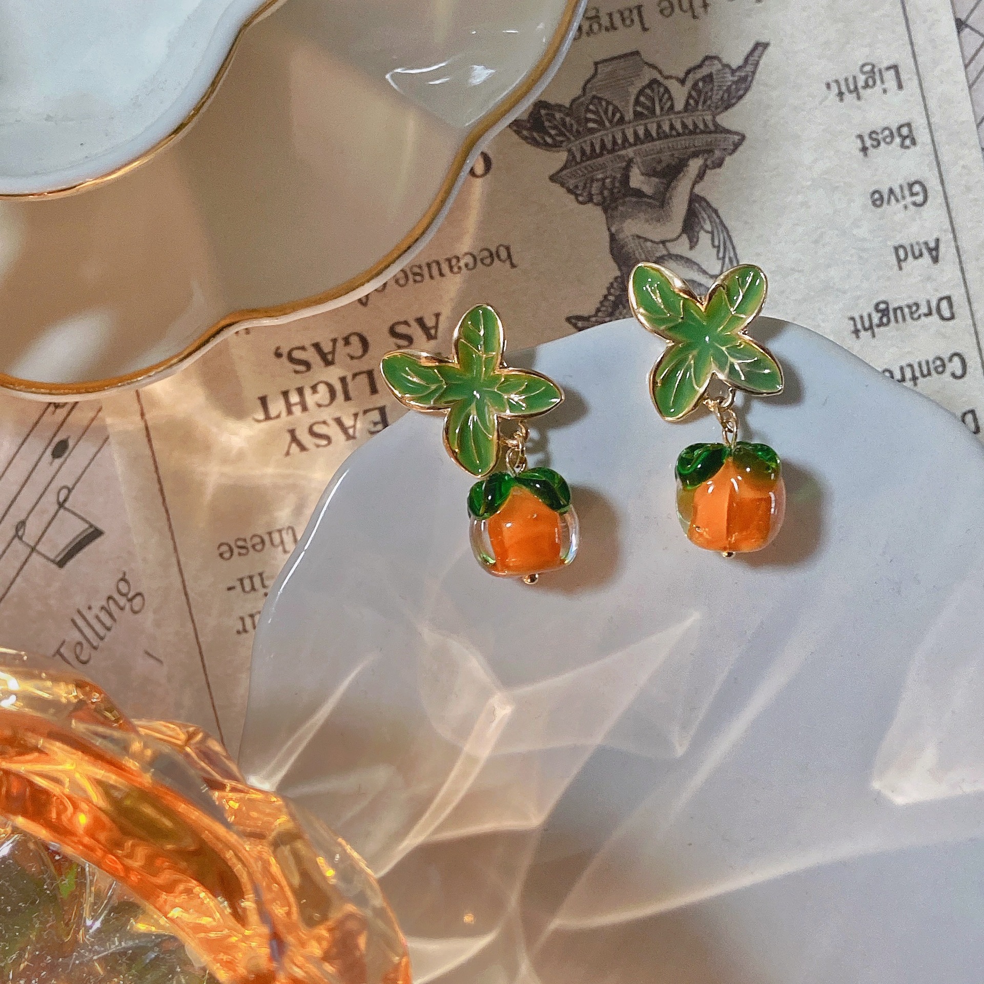 Beautiful Japanese Girl Orange Glass Stud Earrings