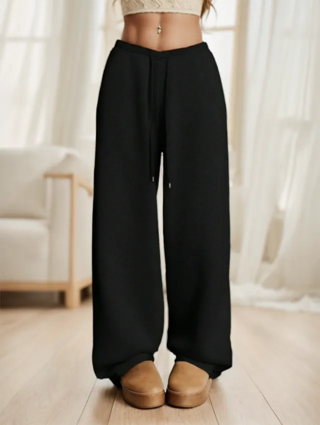 Women's Casual Simple Solid Color Loose Wide Leg Sweatpants Black - Shop at LoveMi