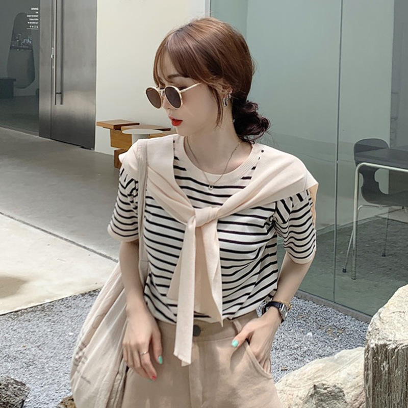 Female Niche Knitwear Striped Fake Two-piece Top Ice Silk T-shirt