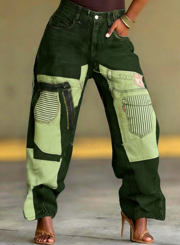 Vintage Distressed Color-block Patchwork Multi-pocket Cargo-style Jeans
