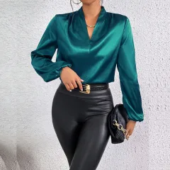 Women's Elegant Satin V-Neck Blouse, Puff Long Sleeve Cuff Top For Casual And Office Wear - Green - View 1