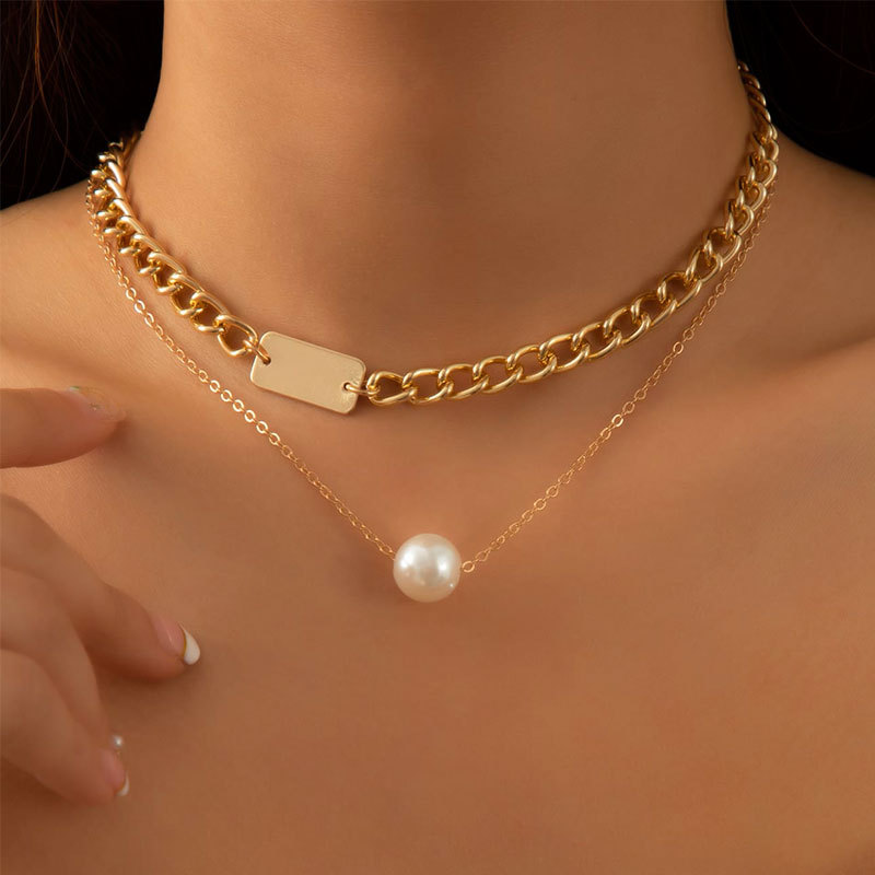 Women's Geometric Square Pearl Double Layer Necklace