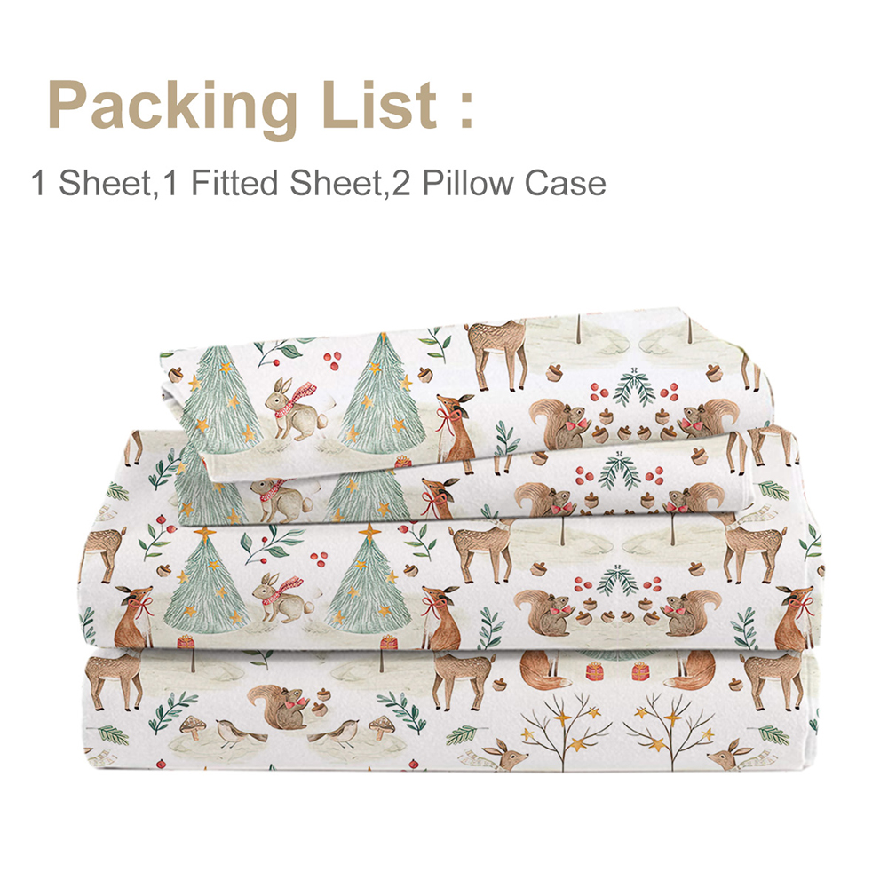 Sheet Set Kids - Cute Deer Fox 4 Pieces Soft Microfiber Cartoon Style Bedsheets For Boys Girls Teens, Breathable Deep Pocket Sheets Forest Animals