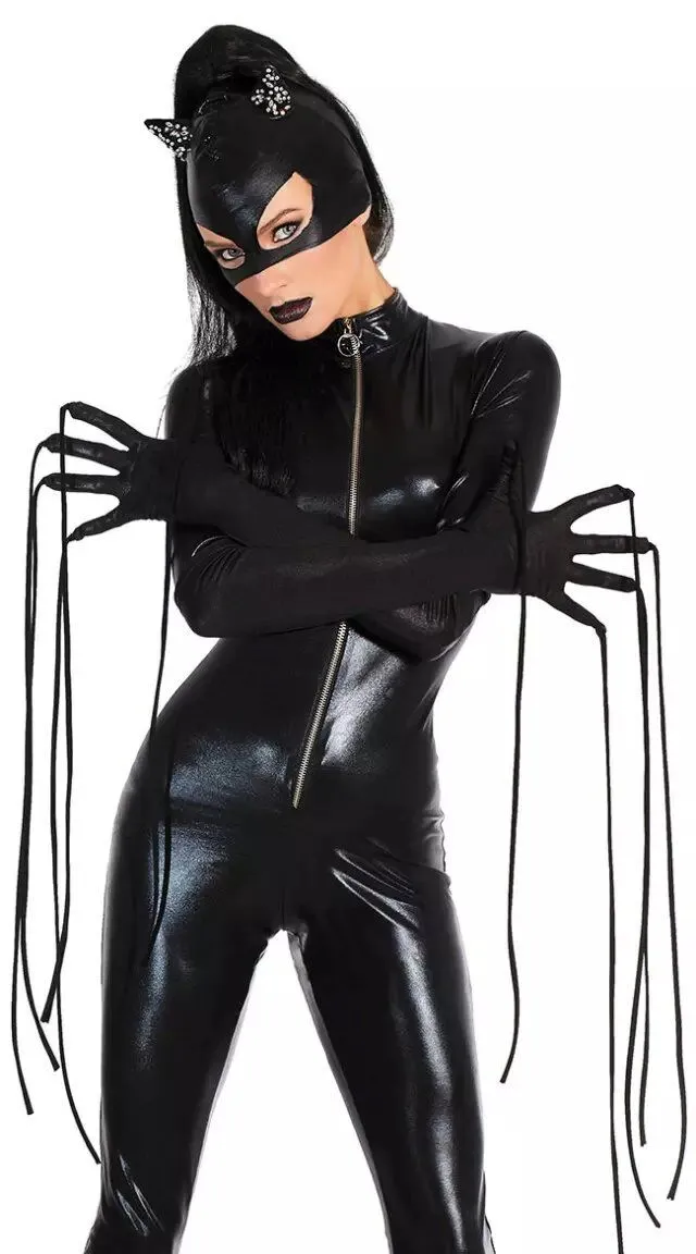 Women Black Patent Leather Catgirl Bodysuit Black - Shop at LoveMi