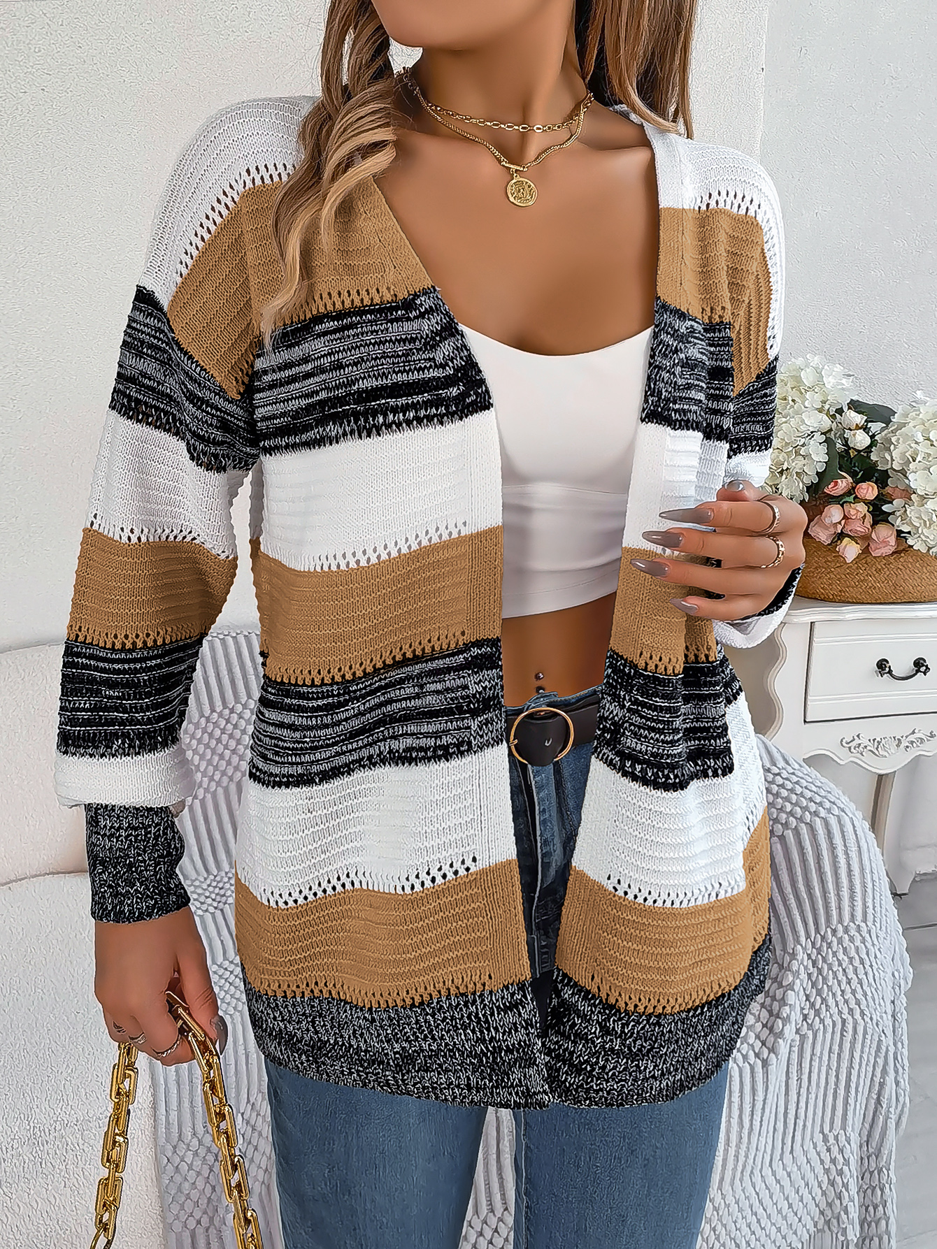 Women Casual Color Block Stripe Lantern Sleeve Cardigan Sweater Coat Koalakits36