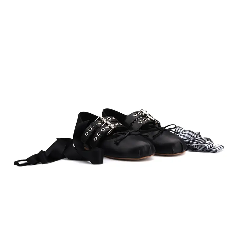 Leather Buckle Bow Round Toe Lace-up Ballet Flats