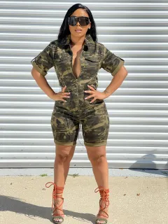 Fashion Cardigan Nipped Waist Woven Jumpsuit - Camouflage-2Xl - View 1