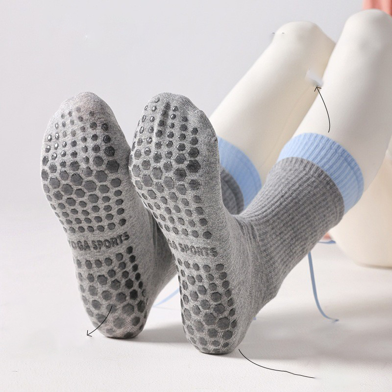 Yoga Socks, Mid Tube, Pure Cotton, Anti Slip Silicone, Indoor Fitness Pilates, Double Ribbed Boneless Sports Socks, Color Blocked