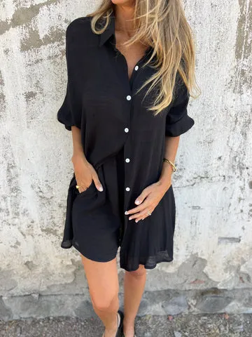 Loose Long sleeved Shirt Suit With Lapel Button Tops And Elasticated Shorts Fashion Casual Clothing For Women Black - Shop at LoveMi