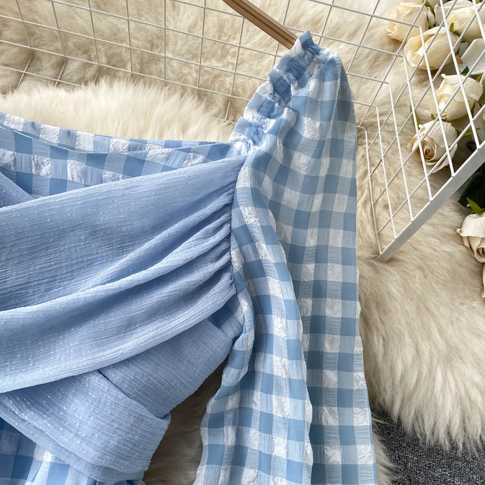 Gentle Temperament Square Neck Lantern Sleeve Plaid Dress