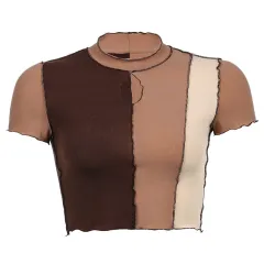 Anti-car Stitching Hit Colour Cutout Short-sleeved T-shirt - Khaki - View 1