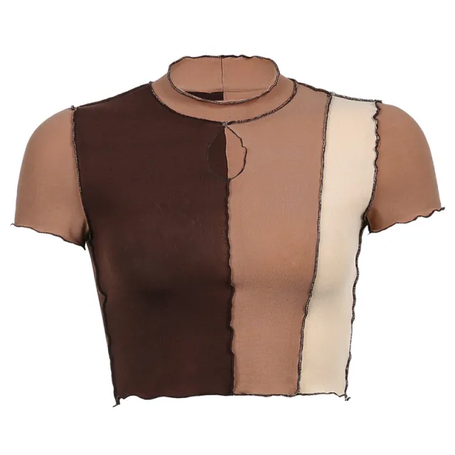 Anti car Stitching Hit Color Cutout Short sleeved T shirt Khaki - Shop at LoveMi