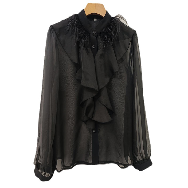 Title 2, Stand Collar Ruffle Puff Long Sleeve Sheer Chif...