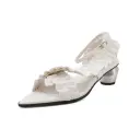 Women's Handmade Full-Grain Leather Ruffled Pointed-Toe Block Heel Sandals, 5cm Heel Ankle Strap Shoes With Pigskin Lining view 5