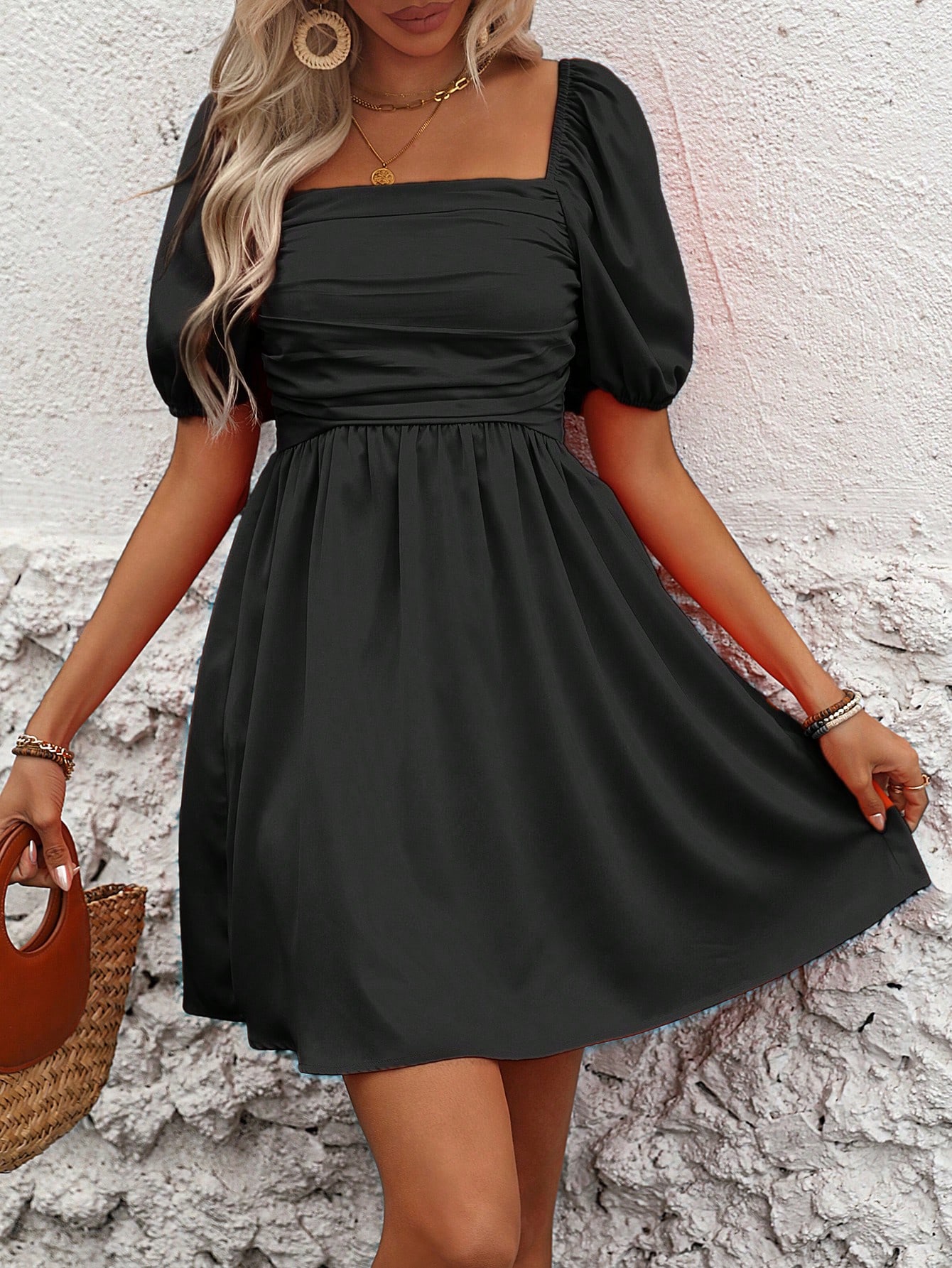 Women's Solid Color Simple Daily Square Neck Pleated Design Dress