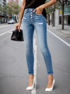 Women's Single Breasted Blue Washed Denim Jeans, High Waisted Elastic Tight Jeans, Fashionable And Casual, Basic Style, Comfortable Version, Versat... - View 1