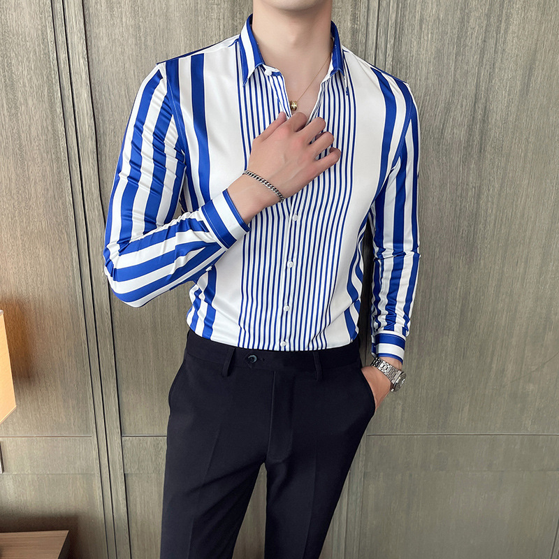 Striped Pointed Collar Non-iron Shirt Long Sleeve Casual Ice Silk