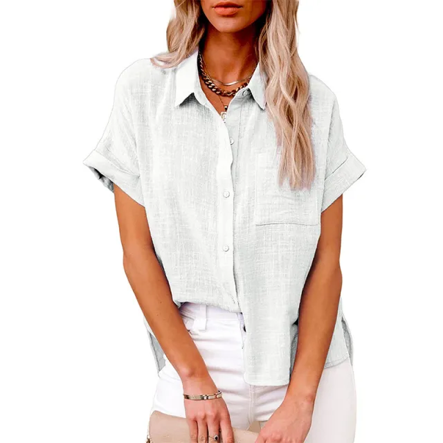 Summer Lapel Short Sleeve Shirt With Pockets Fashion Casual Solid Color Button Tops Women's Clothing White - Shop at LoveMi