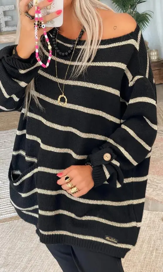 Sweater Contrast Stripe Pullover Crewneck Sweater Black - Shop at LoveMi