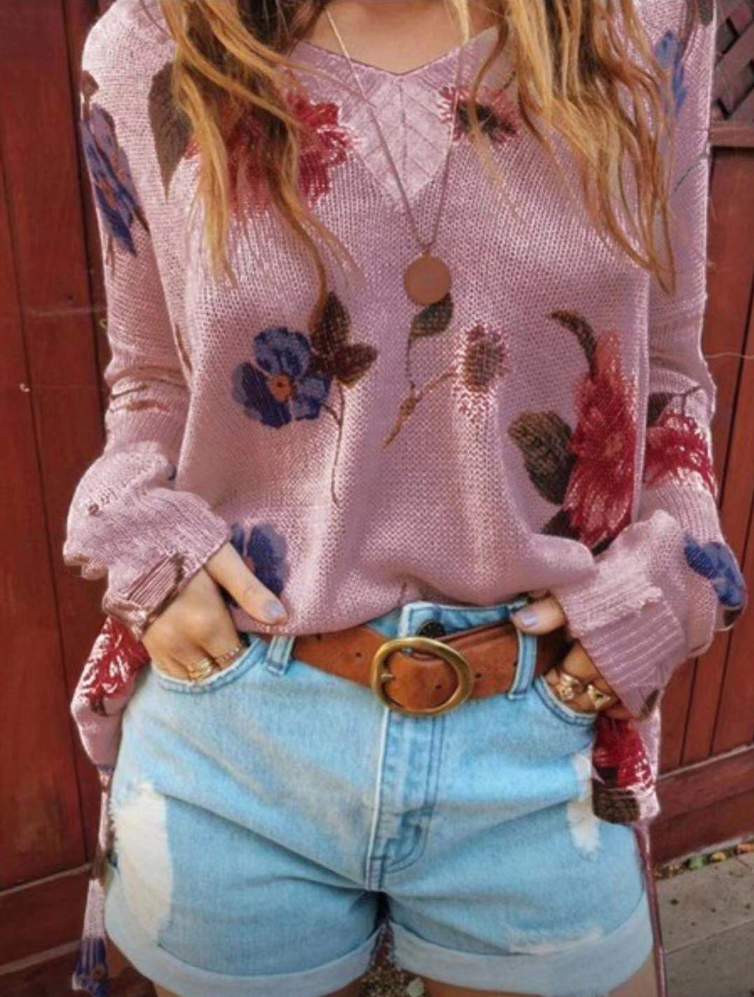 Title 2, Printed V Neck Long Sleeved Loose Fitting Shirt