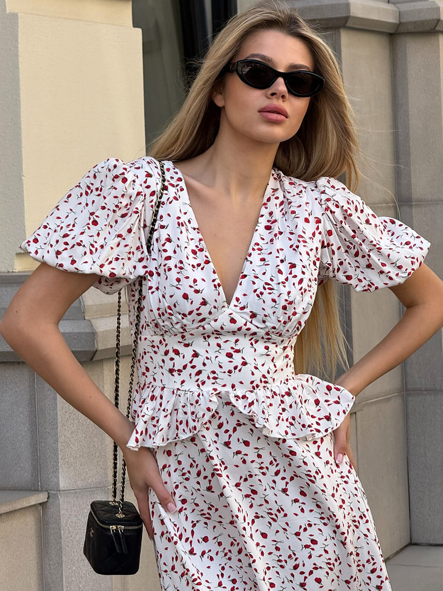 Printed Waist-cinching Puff Sleeve Dress - Image 5