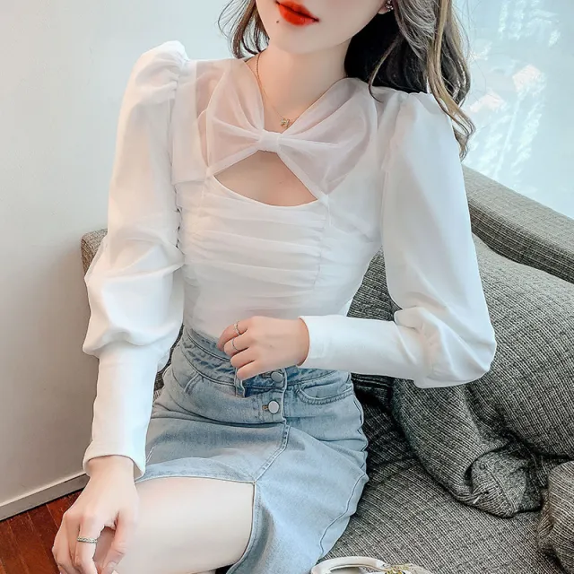 Exposed Collarbone Mesh Slim Fit Long Sleeved Top Bottoming Shirt White - Shop at LoveMi