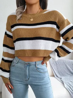 Casual Striped Long Sleeve Cropped Knit Sweater - Khaki - View 1