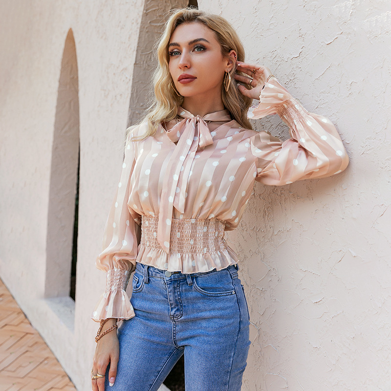 Elegant Polka Dot Lace Blouse Long Sleeve Women's Short Top