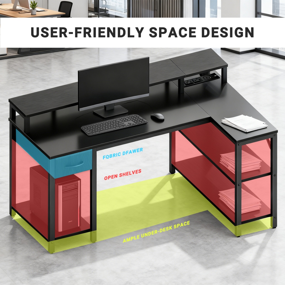 53-inch Gaming Table With USB Charging Port And LED Light, Reversible L-shaped Table With Power Socket And Monitor Stand image 19