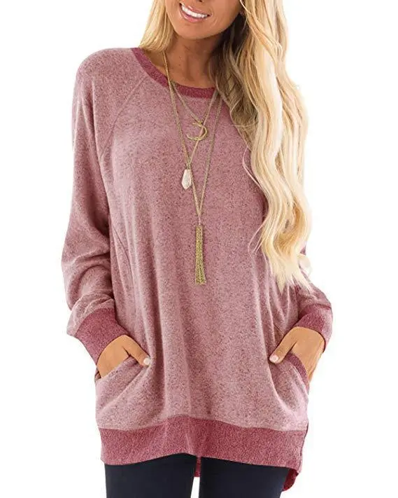 Contrast Pocket Sweater Long Sleeve Round Neck Pullover Sweatshirt Casual Pink - Shop at LoveMi