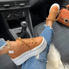 Chunky Heel Shoes Ankle Boots Lace-up Sneakers For Women - Khaki - View 1