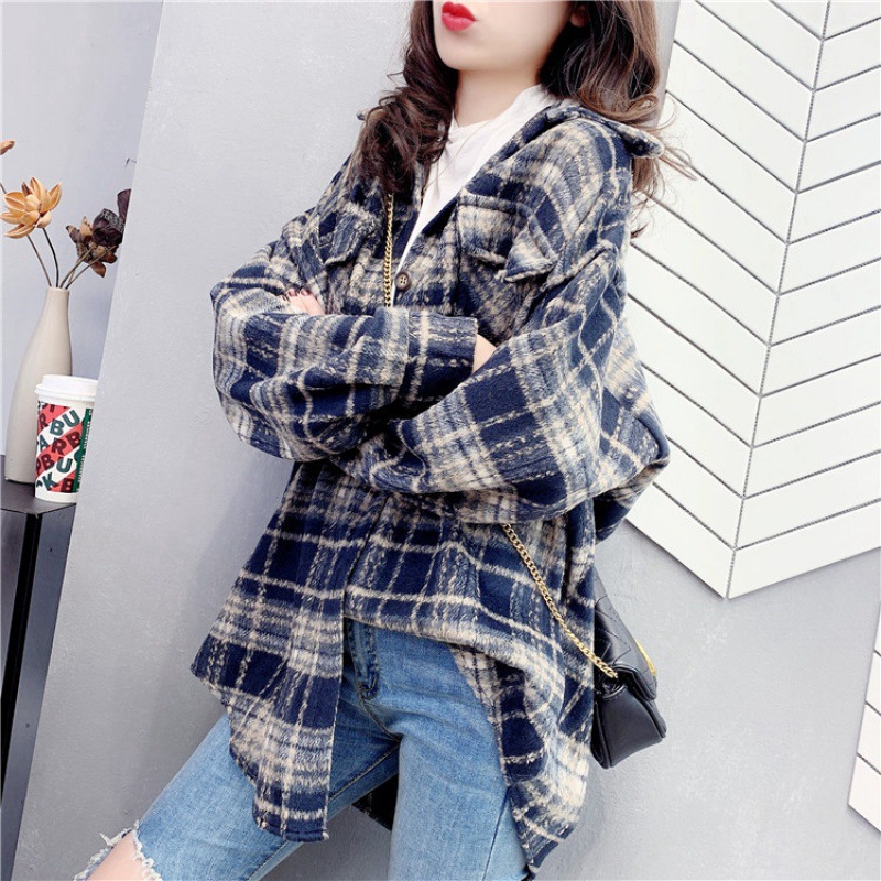Women's Thick Plaid Brushed Shirt For Autumn And Winter