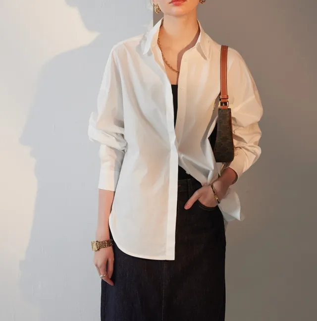 Temperament Casual Style Solid Color Polo Collar Straightness Relaxed Long Sleeve Shirt White - Shop at LoveMi