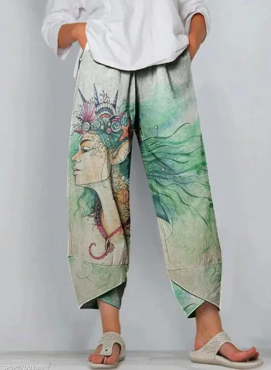 Cartoon Art Illustration Print Sew Pocket Hem Casual Pants Green - Shop at LoveMi